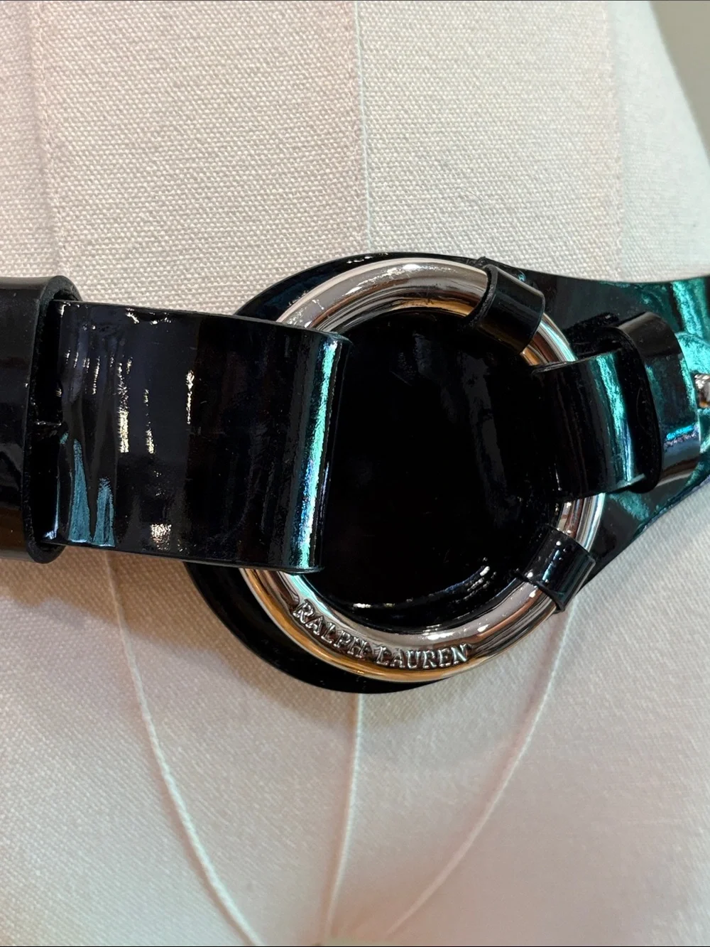 Vintage Ralph Lauren Equestrian Black Patent Leather Wide O-Ring Belt size Large